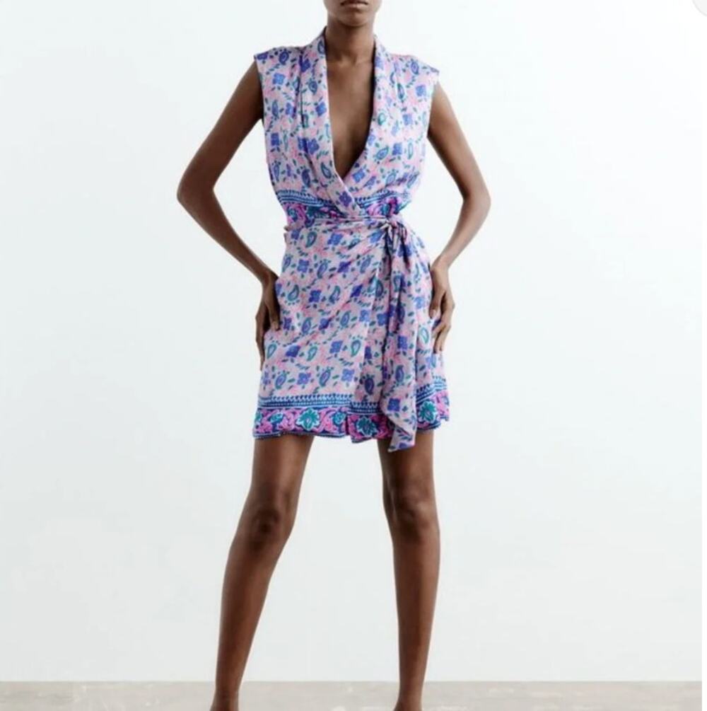 Zara Paisley Wrap Mini Dress Pink Purple Sleeveless NWOT Boho S